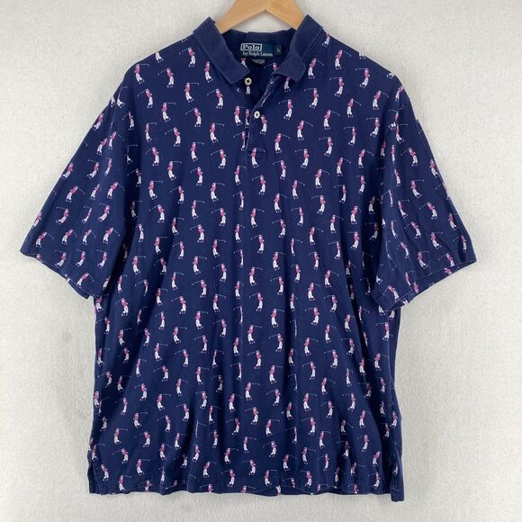 POLO RALPH LAUREN Shirt Men L Golf Polo All Over Print Golfer Cotton Jersey Blue - Picture 2 of 15